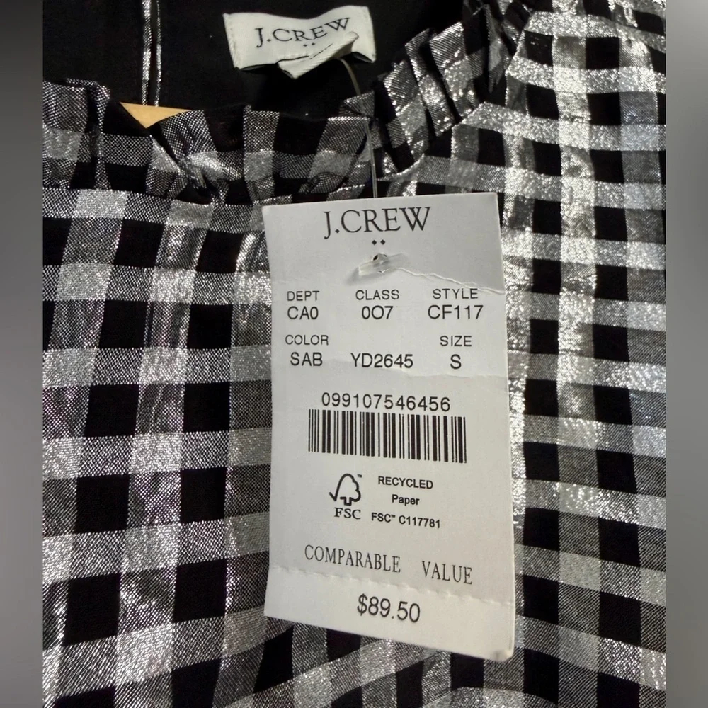J.Crew Metallic Gingham Puff Sleeve Top Size S NWT